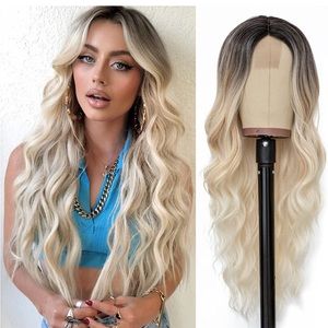 Long Platinum Blonde Wavy Wig for Women 26 Inch Middle Part Curly Wavy